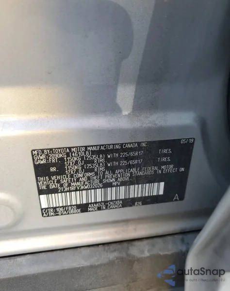 2019 Toyota Rav4 Le из США, поврежденный, VIN 2T3H1RFV3KW032026